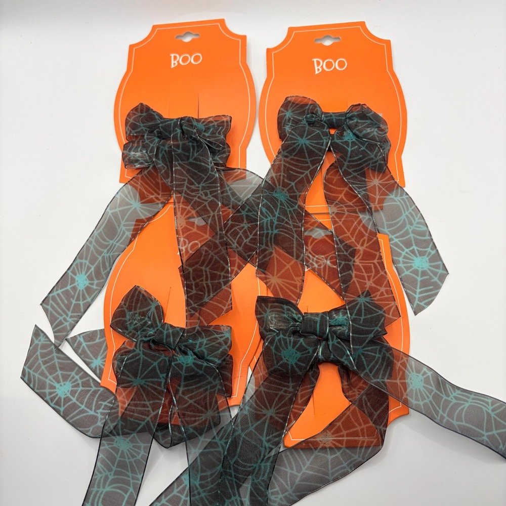 Target Boo Spiderweb Teal Black Sheer Ribbon Hair Bows 8pc Lot Halloween Gothic
